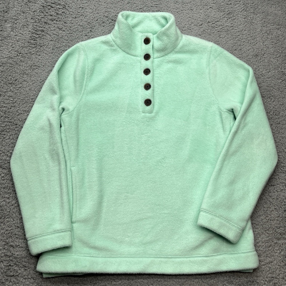 J Crew Sherpa Front Button Tunic Womens S 1/4 Button Sweater Mock Teal Preppy